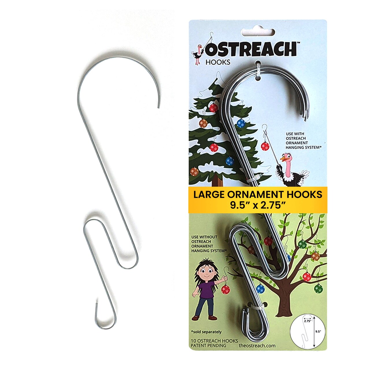 10-Count Large Ornament Hooks, 9.5" Jumbo Christmas Ornament Hooks, Outdoor Tree Decorating, Ornament Hangers, Ostreach